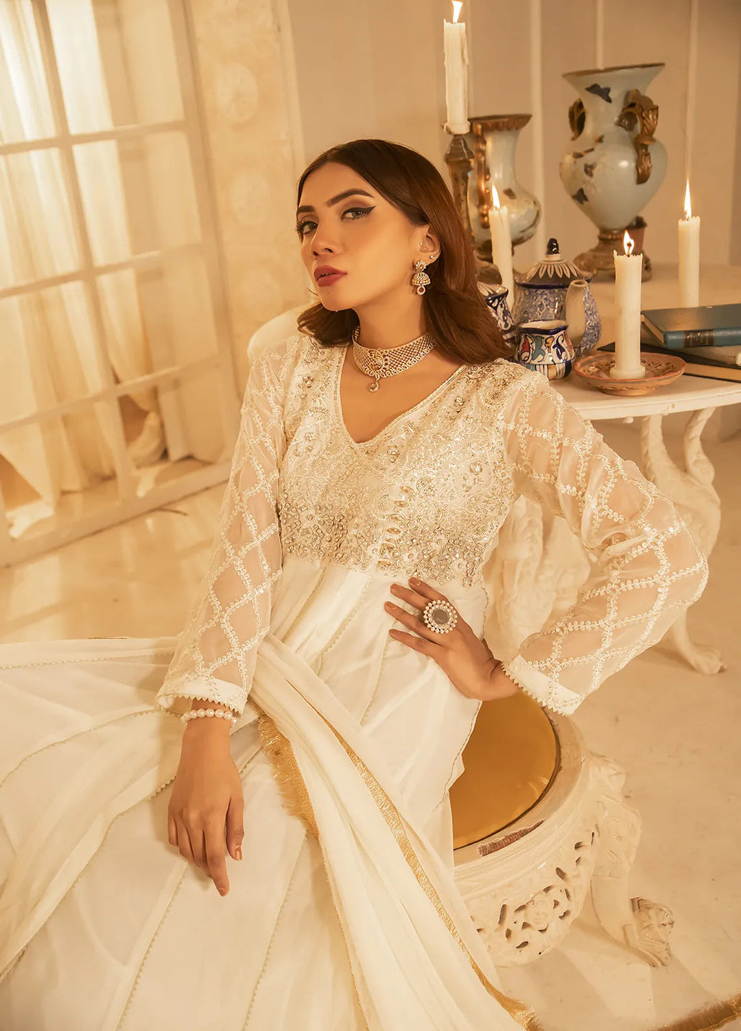 Manahils Pret Embroidered Chiffon 3 Piece Suit KURTI 108 White