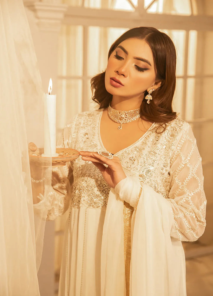 Manahils Pret Embroidered Chiffon 3 Piece Suit KURTI 108 White