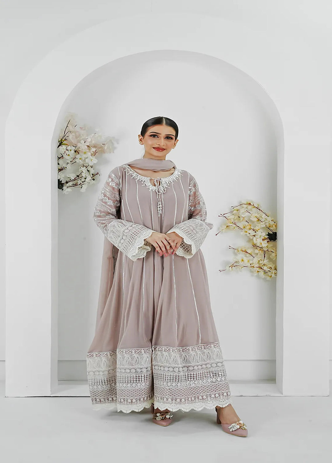 Manahils Pret Embroidered Chiffon 3 Piece Suit Kurti-121-Lilac