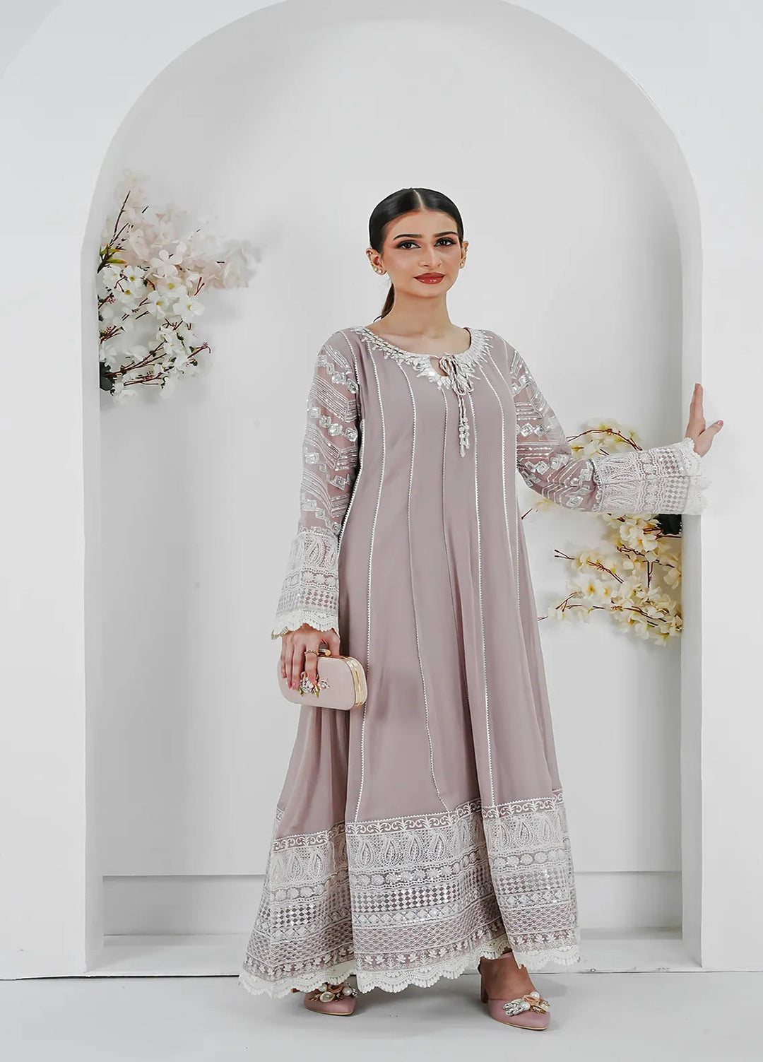 Manahils Pret Embroidered Chiffon 3 Piece Suit Kurti-121-Lilac
