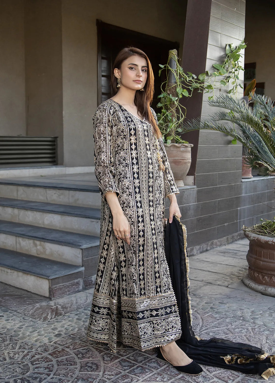 Manahils Pret Embroidered Chiffon 3 Piece Suit Kurti-122-Black