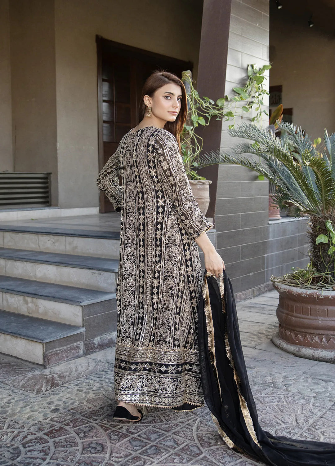 Manahils Pret Embroidered Chiffon 3 Piece Suit Kurti-122-Black