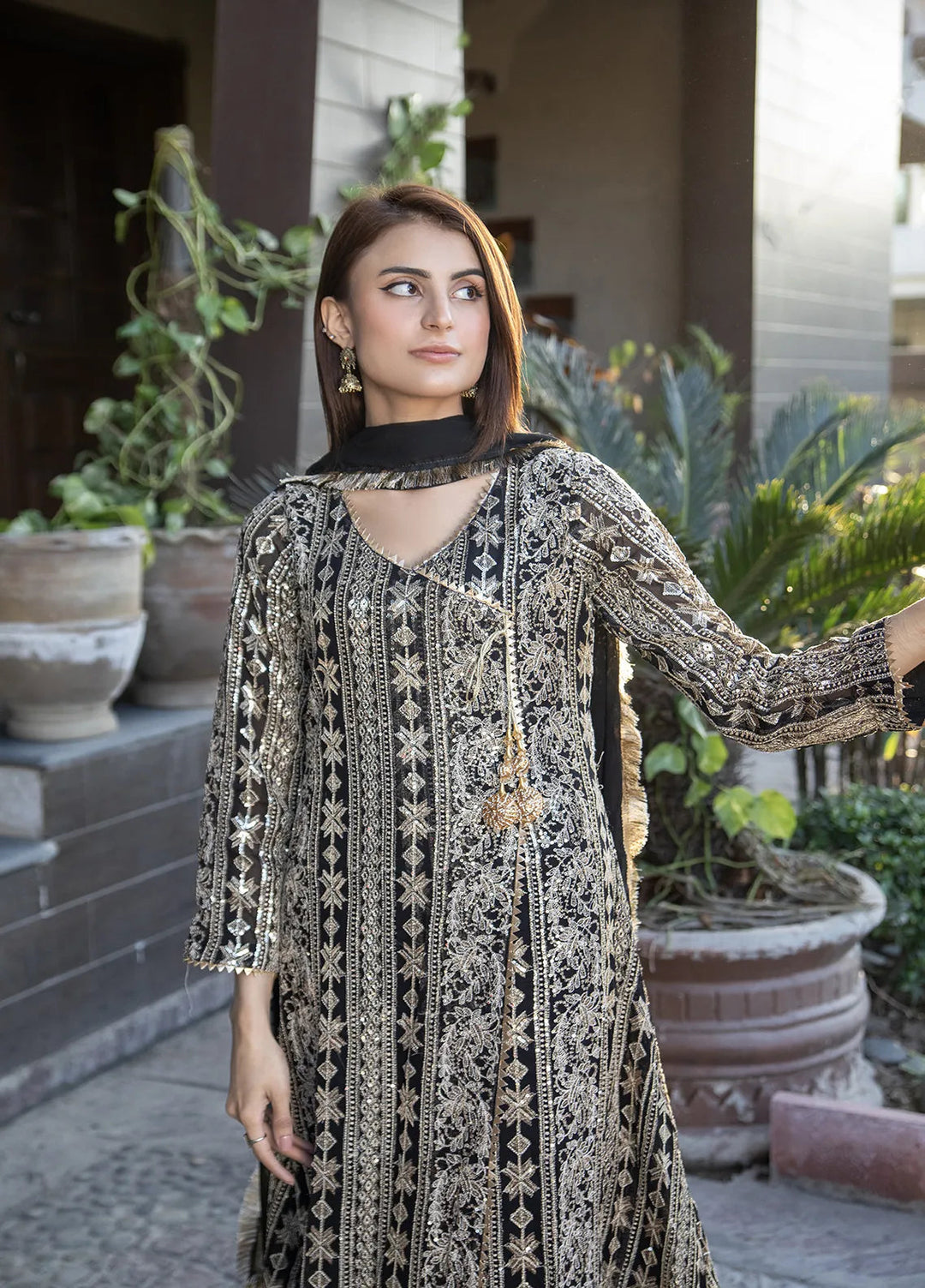 Manahils Pret Embroidered Chiffon 3 Piece Suit Kurti-122-Black