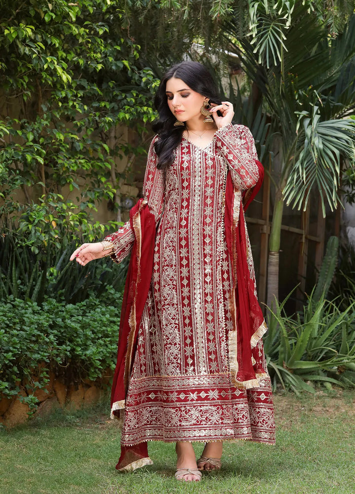 Manahils Pret Embroidered Chiffon 3 Piece Suit Kurti-122-Divine-Mehroon