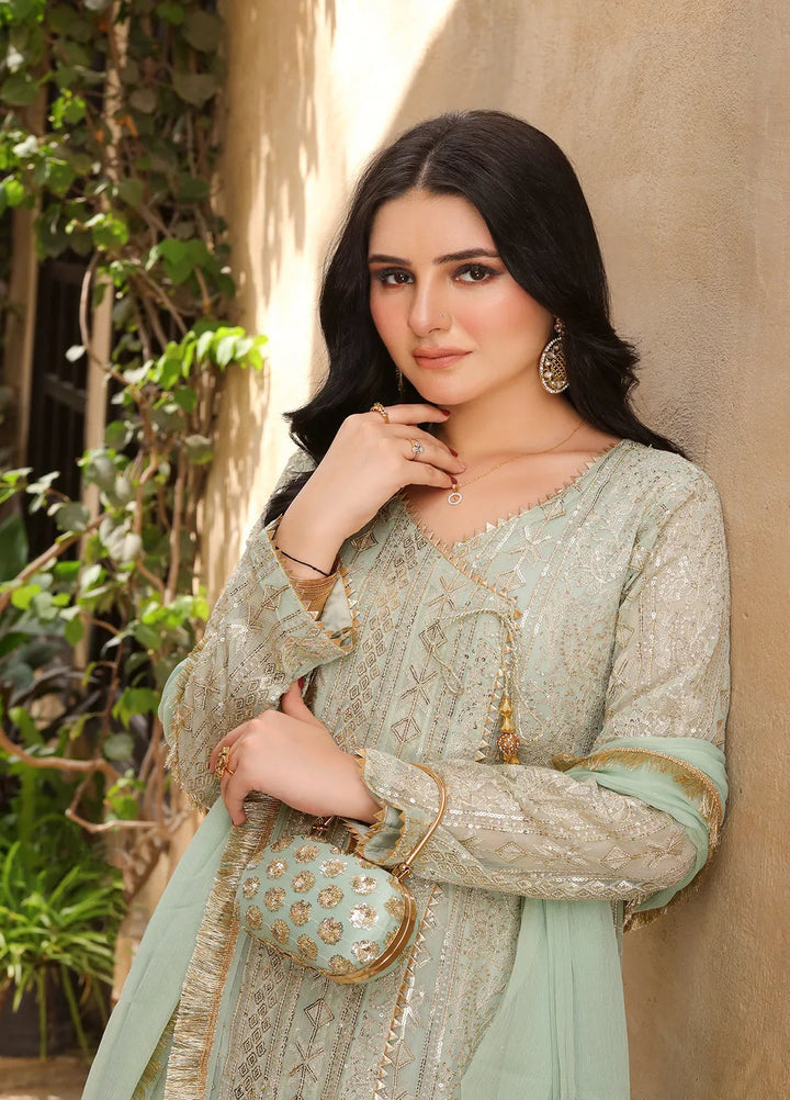 Manahils Pret Embroidered Chiffon 3 Piece Suit Kurti-122-Divine-Mint Green