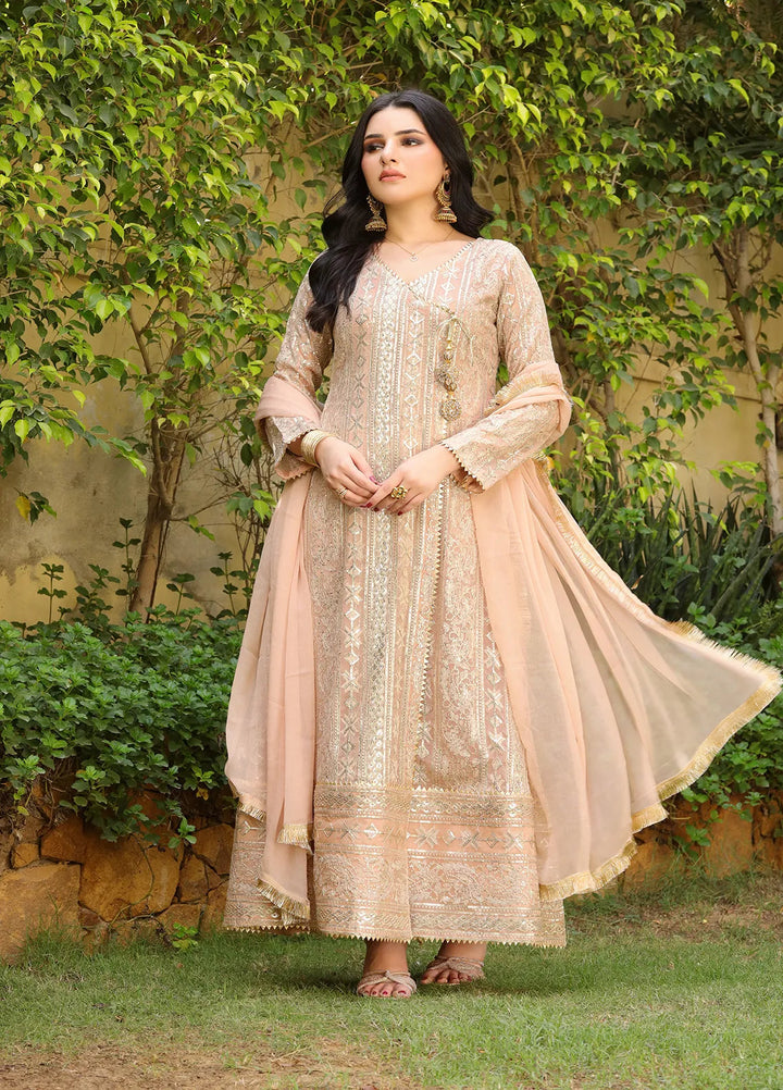 Manahils Pret Embroidered Chiffon 3 Piece Suit Kurti-122-Divine-Peach