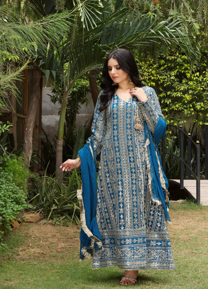 Manahils Pret Embroidered Chiffon 3 Piece Suit Kurti-122-Divine-Zinc Blue