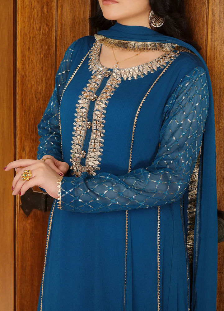 Manahils Pret Embroidered Chiffon 3 Piece Suit KURTI 123 Aquamarine