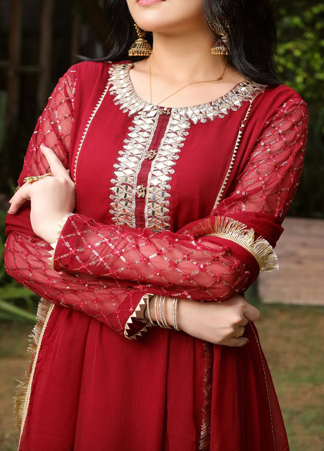 Manahils Pret Embroidered Chiffon 3 Piece Suit KURTI 123 Mehroon