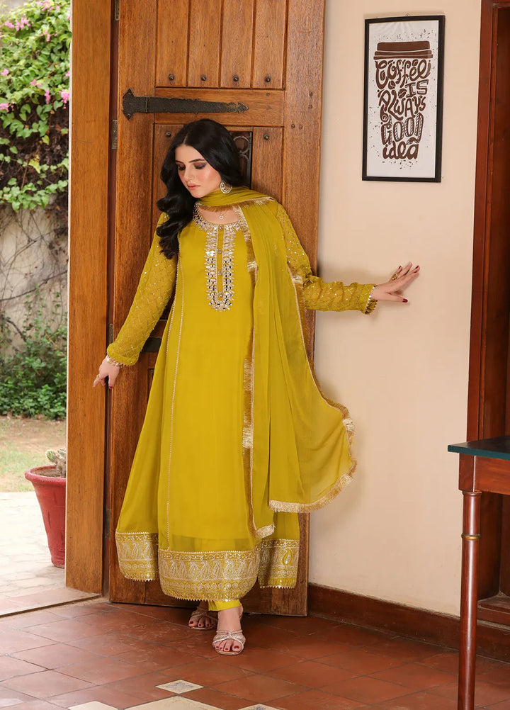 Manahils Pret Embroidered Chiffon 3 Piece Suit KURTI 123 Mustard