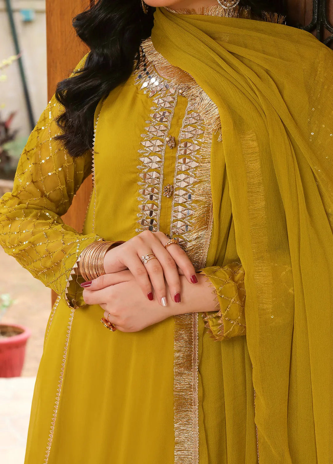 Manahils Pret Embroidered Chiffon 3 Piece Suit KURTI 123 Mustard