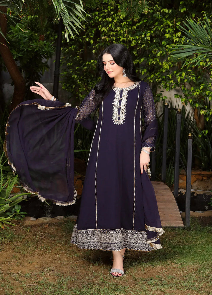Manahils Pret Embroidered Chiffon 3 Piece Suit KURTI 123 Navy-Blue