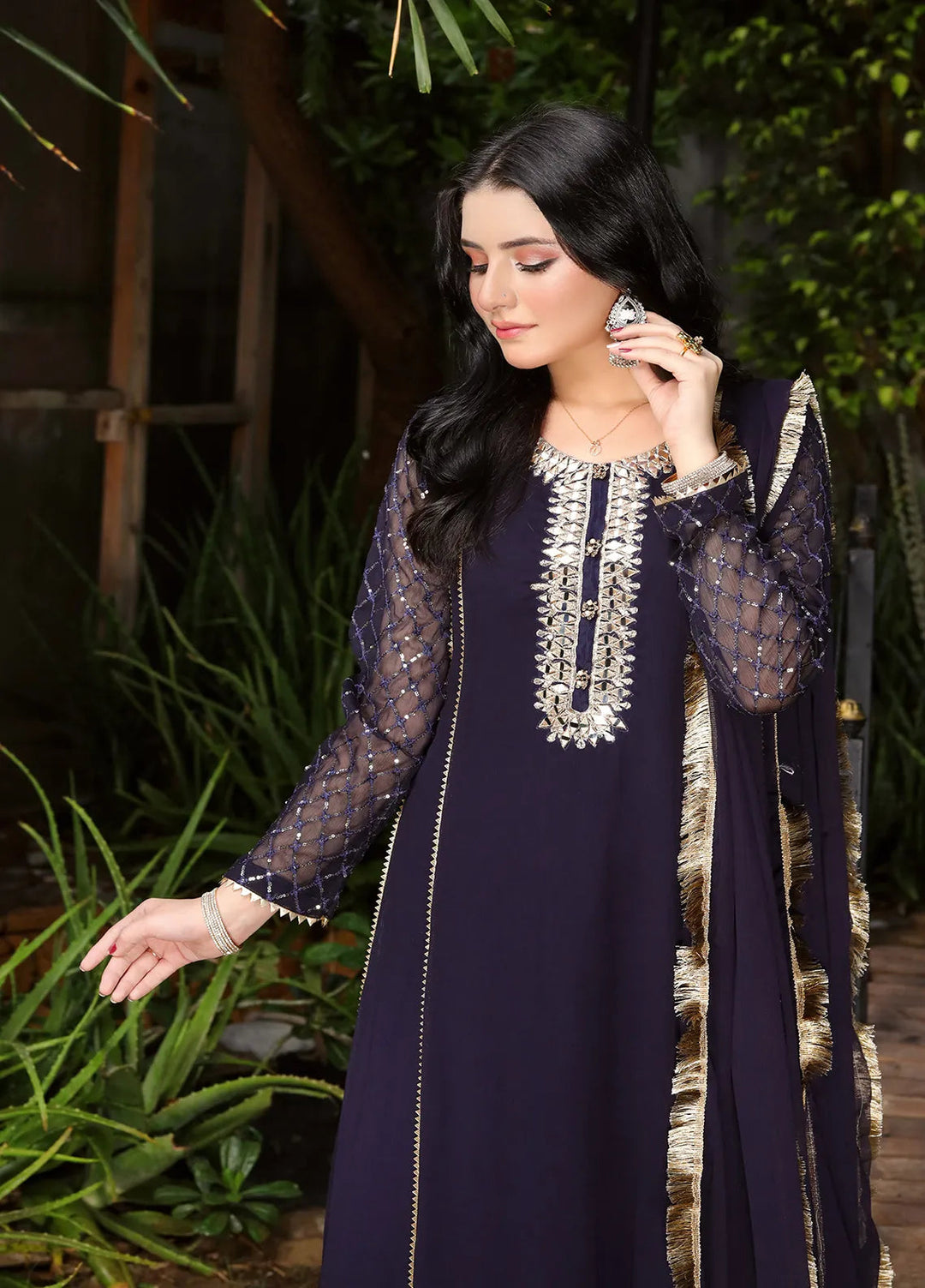 Manahils Pret Embroidered Chiffon 3 Piece Suit KURTI 123 Navy-Blue