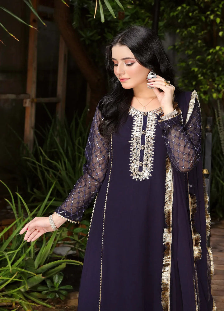 Manahils Pret Embroidered Chiffon 3 Piece Suit KURTI 123 Navy-Blue