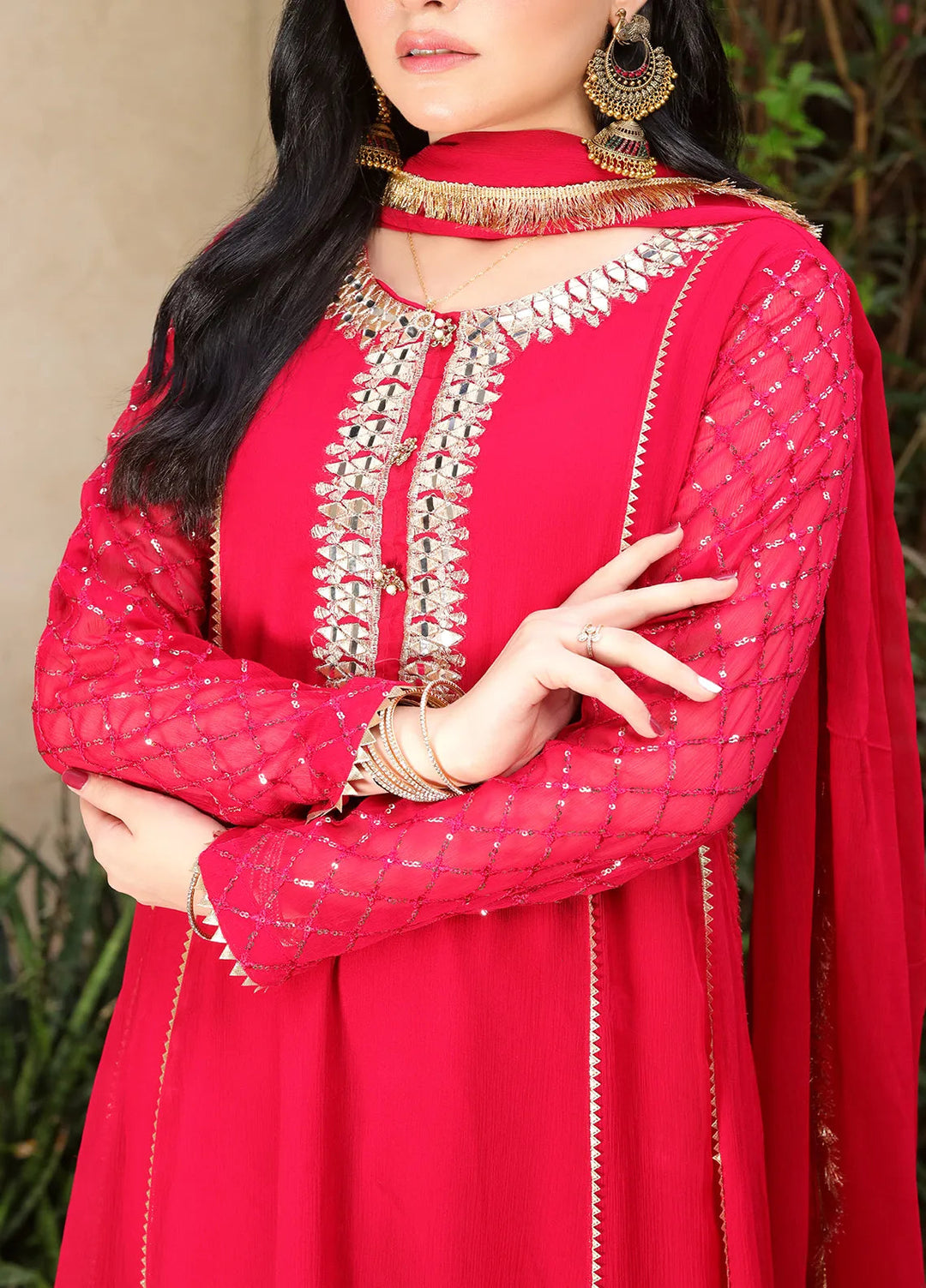 Manahils Pret Embroidered Chiffon 3 Piece Suit KURTI 123 Shocking Pink