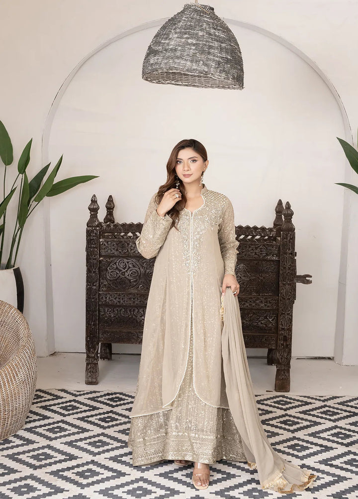 Manahils Pret Embroidered Chiffon 3 Piece Suit KURTI 125 Beige
