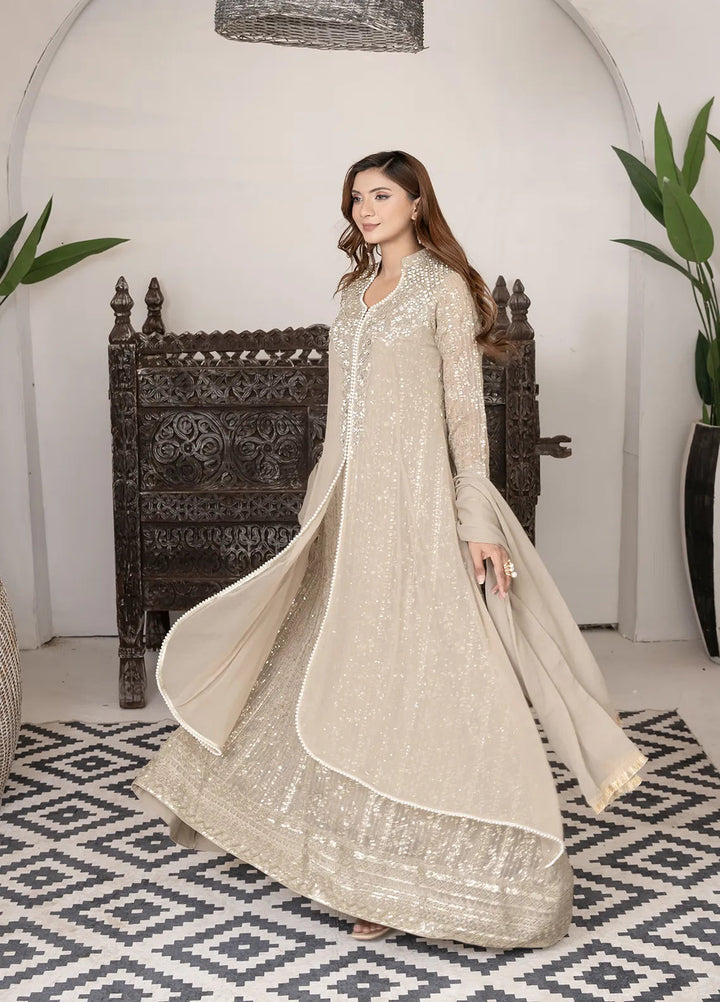 Manahils Pret Embroidered Chiffon 3 Piece Suit KURTI 125 Beige