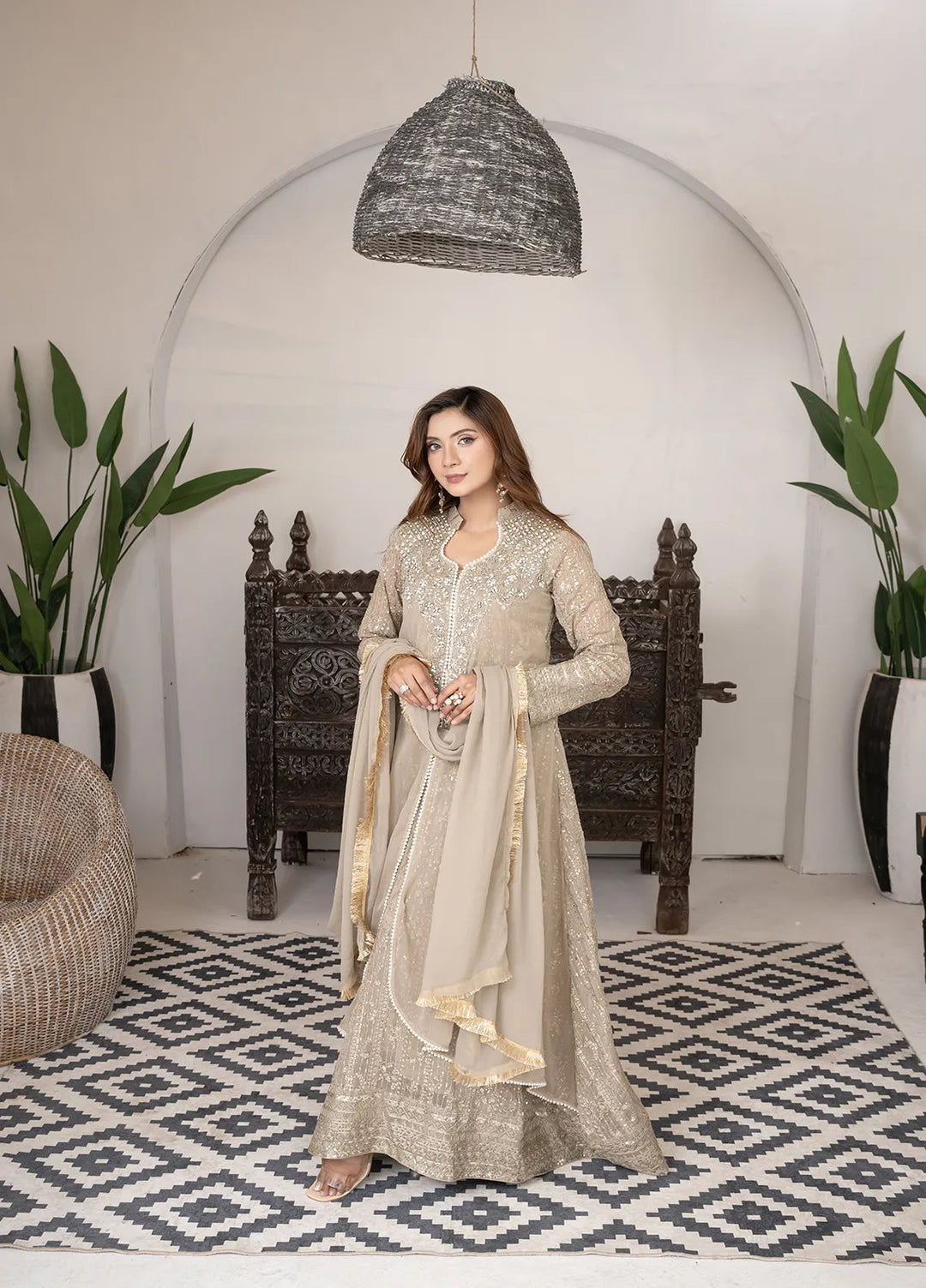 Manahils Pret Embroidered Chiffon 3 Piece Suit KURTI 125 Beige