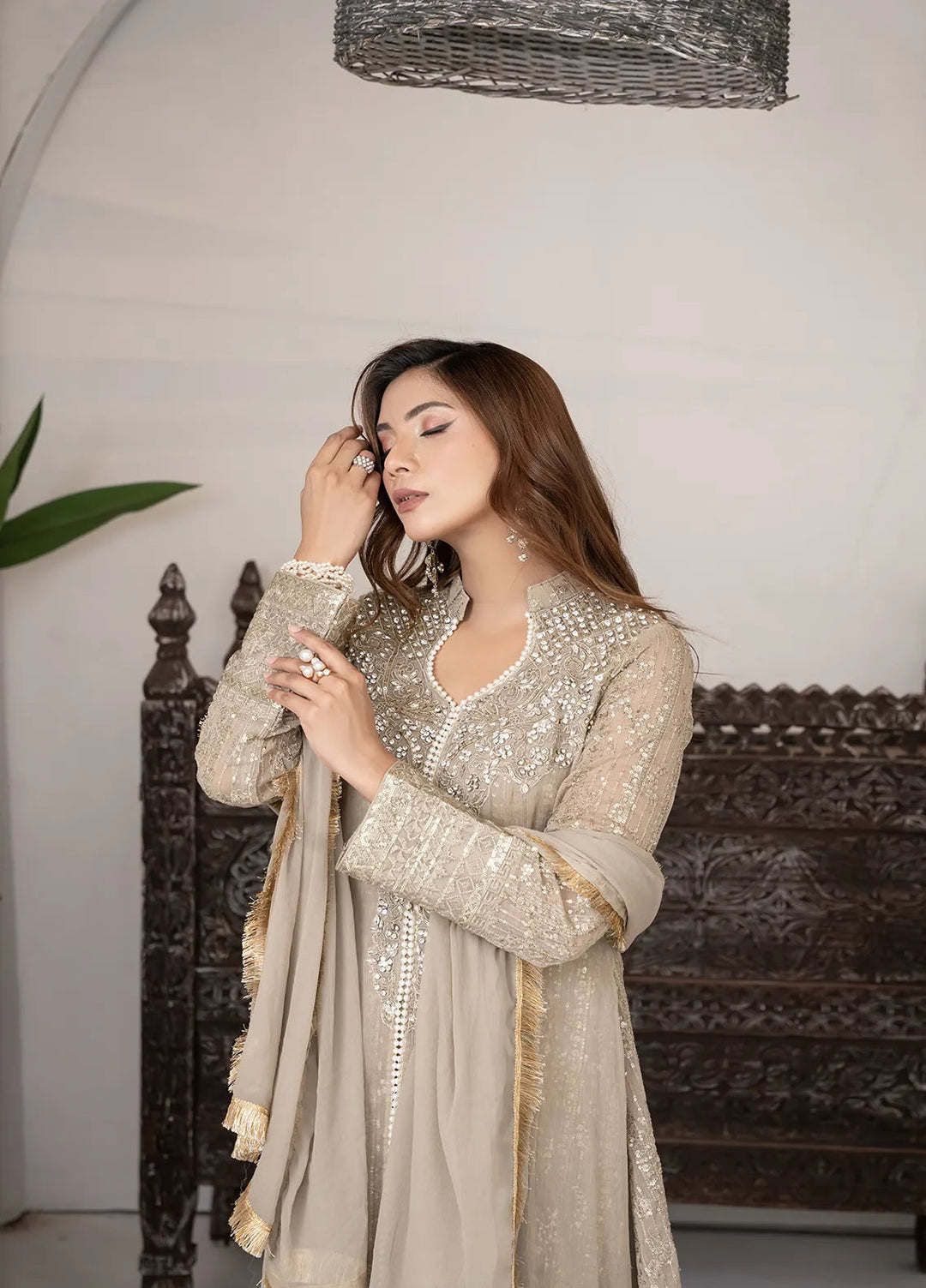 Manahils Pret Embroidered Chiffon 3 Piece Suit KURTI 125 Beige