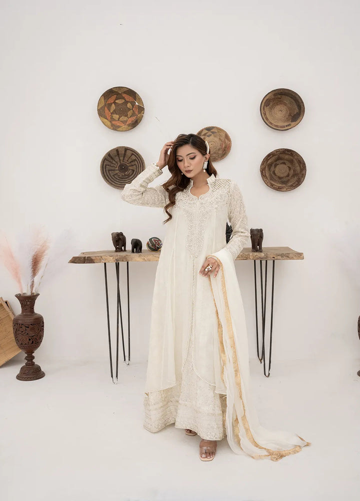 Manahils Pret Embroidered Chiffon 3 Piece Suit KURTI 125 Off White