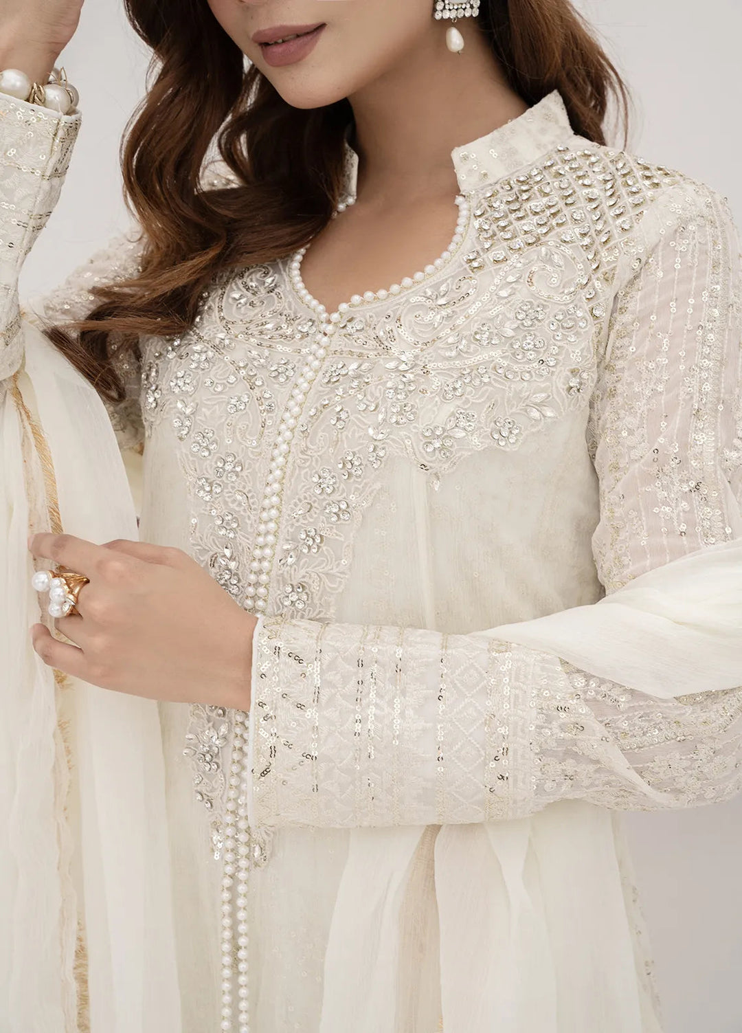 Manahils Pret Embroidered Chiffon 3 Piece Suit KURTI 125 Off White