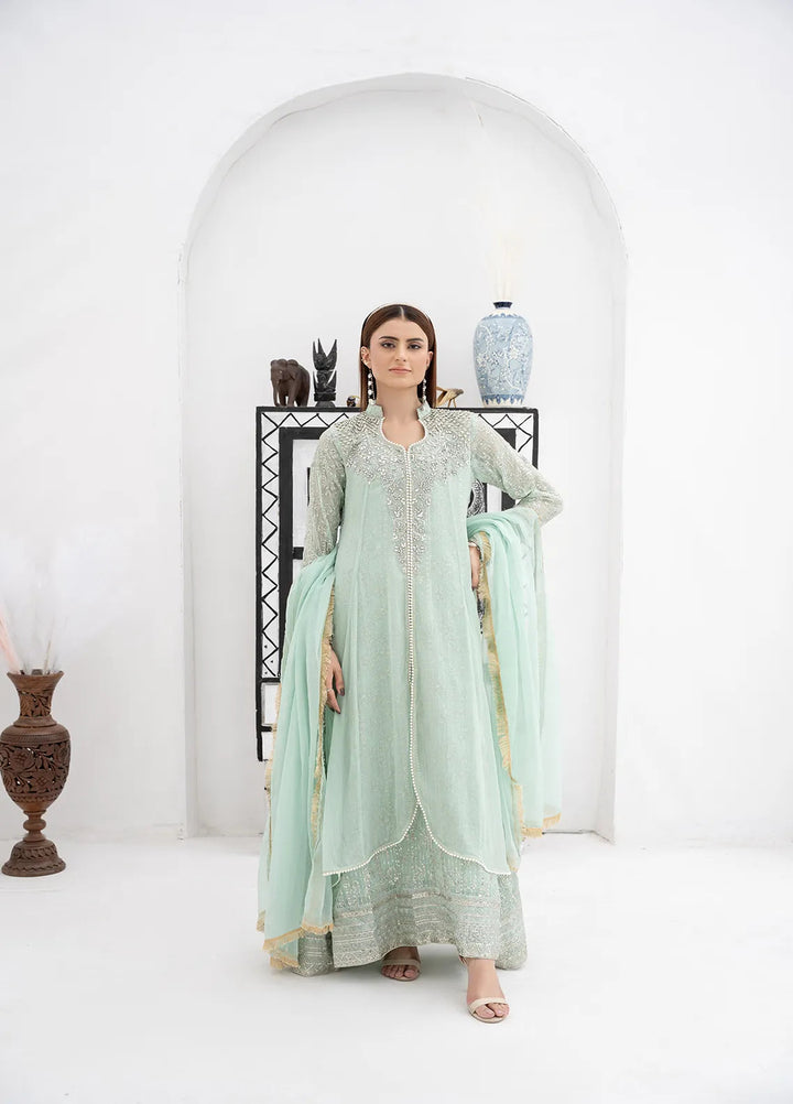 Manahils Pret Embroidered Chiffon 3 Piece Suit KURTI 125 Pastel Green