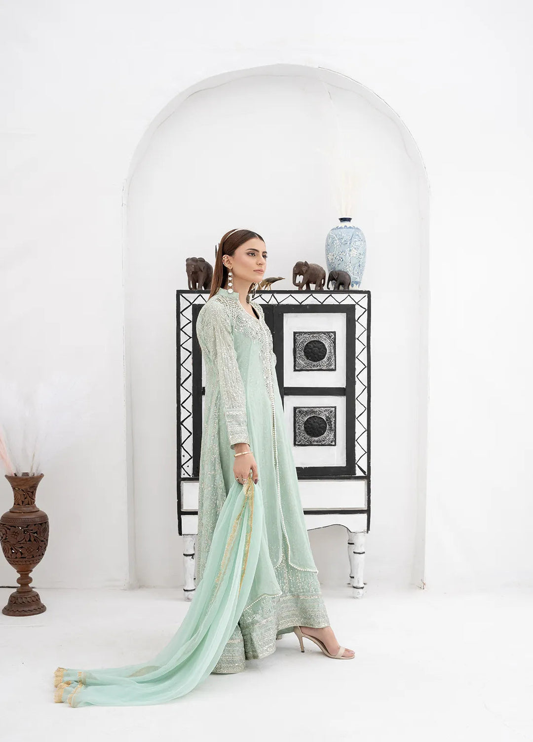 Manahils Pret Embroidered Chiffon 3 Piece Suit KURTI 125 Pastel Green