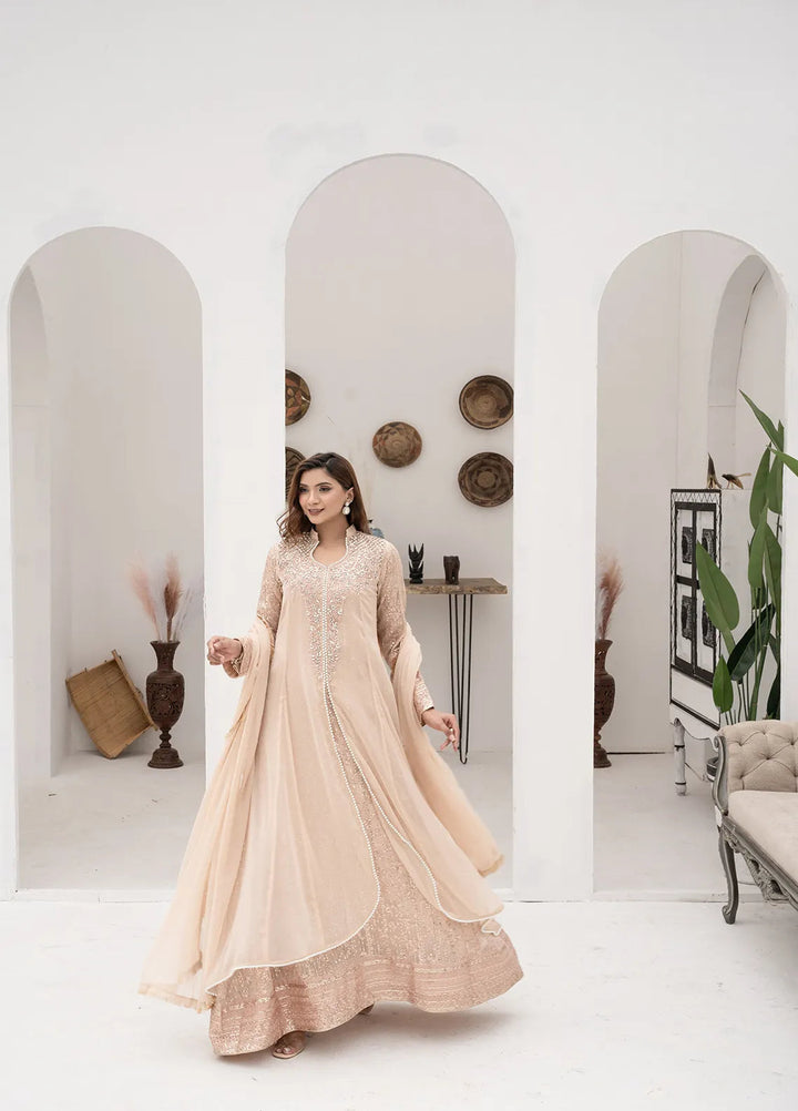 Manahils Pret Embroidered Chiffon 3 Piece Suit KURTI 125 Peach