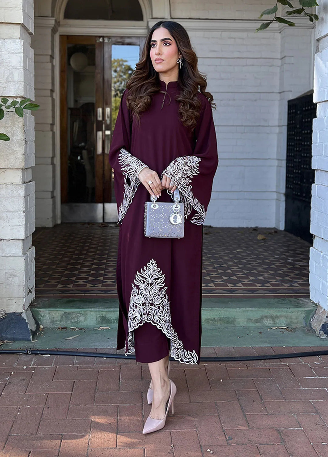 Manahils Pret Embroidered Georgette 2 Piece Suit Burgundy Embroidered