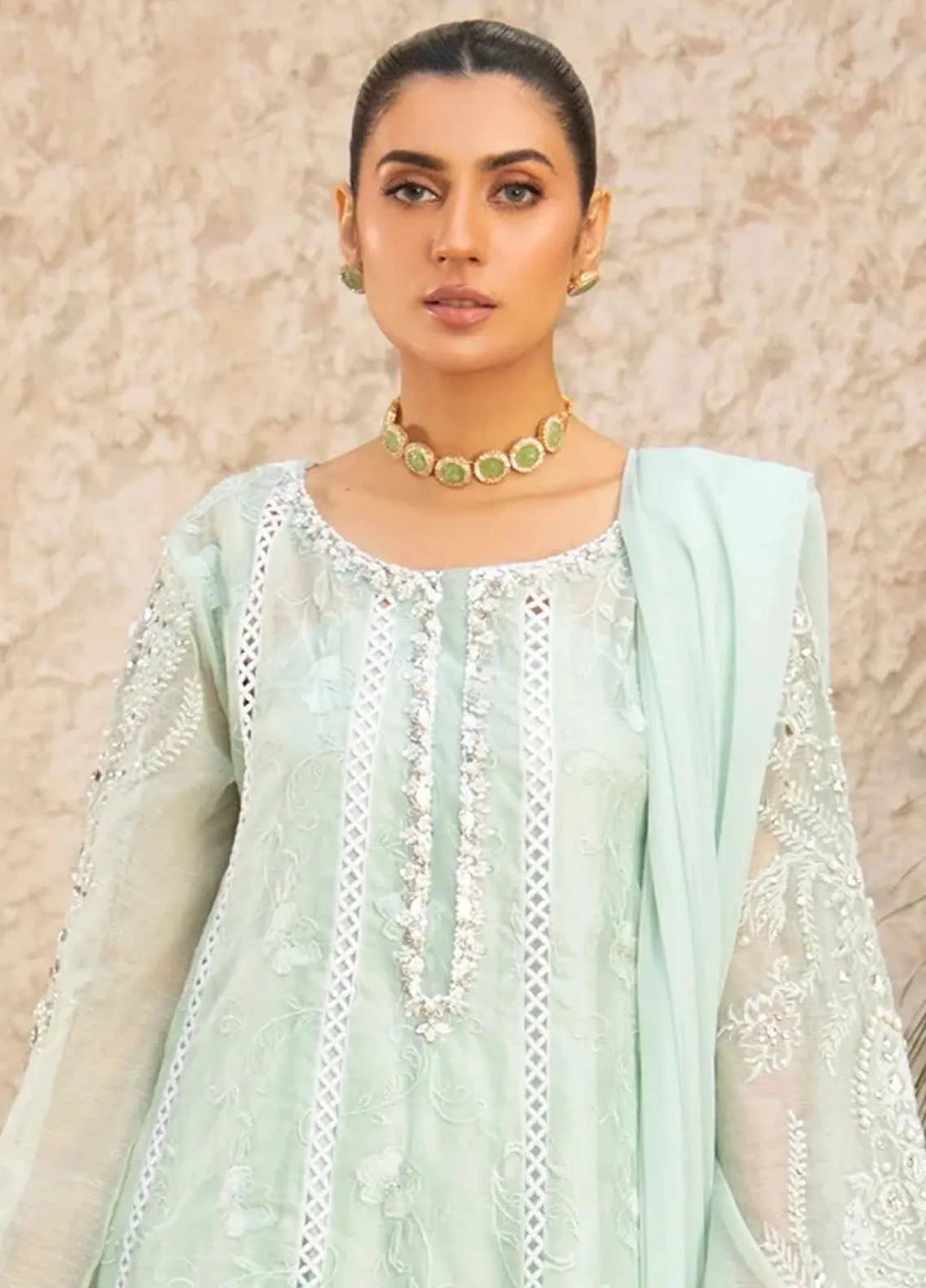 Manahils Pret Embroidered Khaddi Net 3 Piece Suit K-152-Aqua