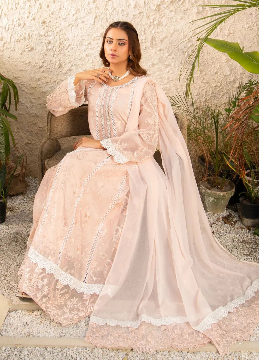 Manahils Pret Embroidered Khaddi Net 3 Piece Suit K-152-Peach