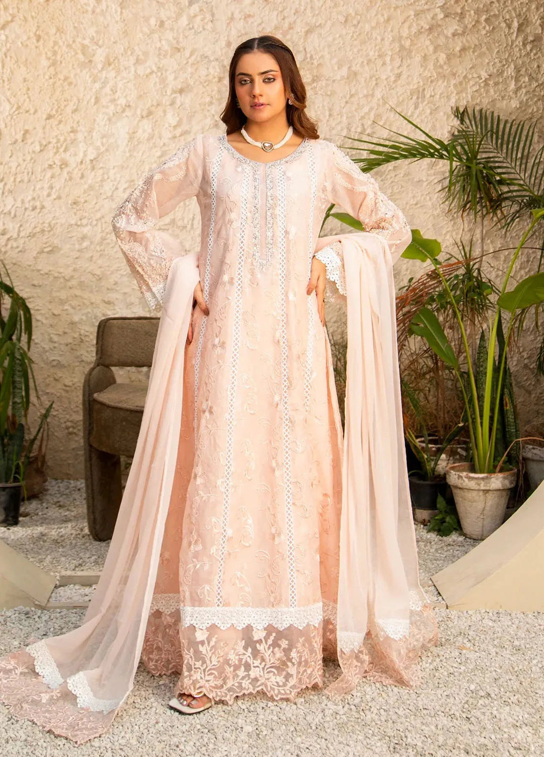 Manahils Pret Embroidered Khaddi Net 3 Piece Suit K-152-Peach