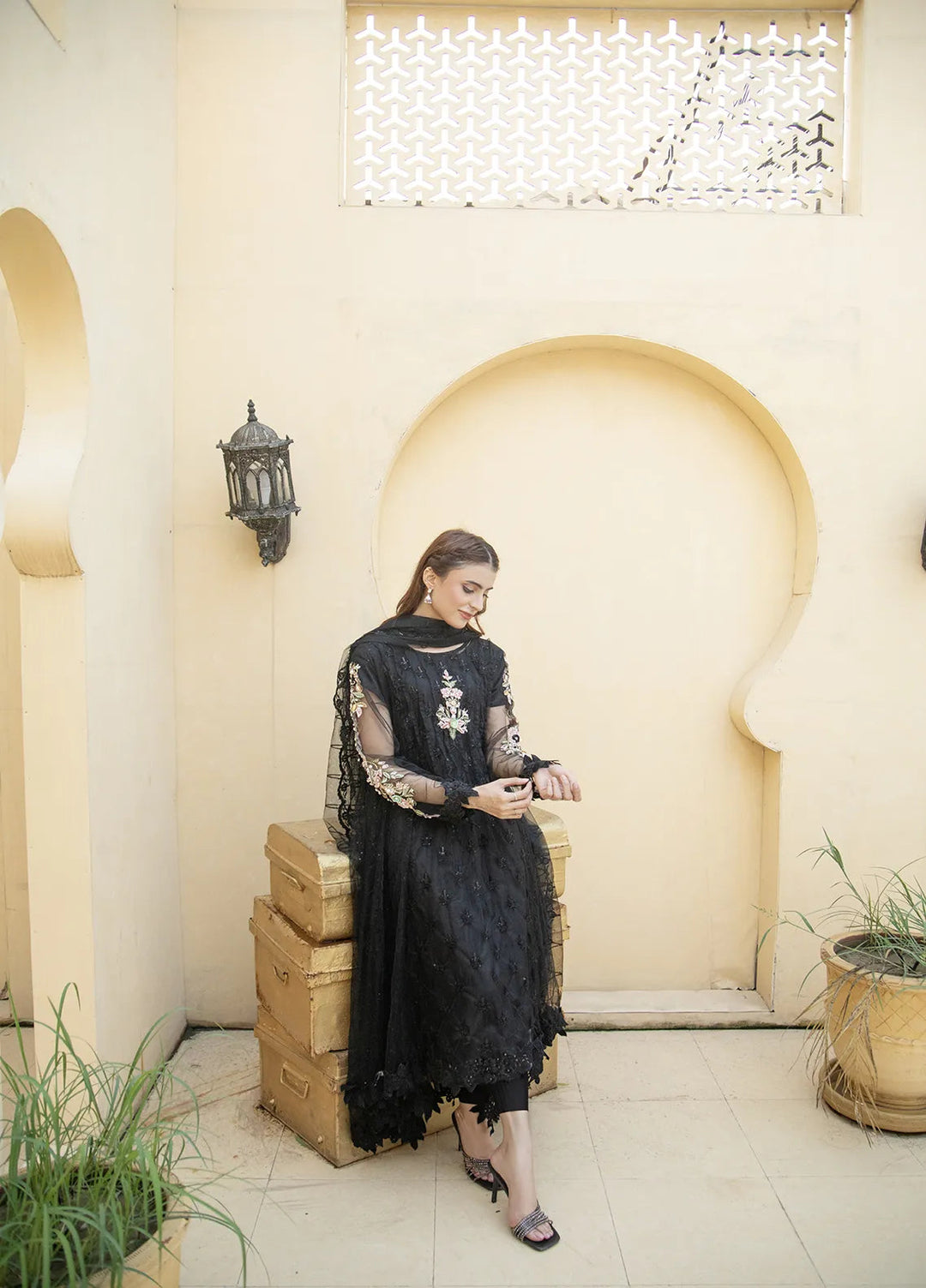 Manahils Pret Embroidered Net 2 Piece KURTI 084 Black