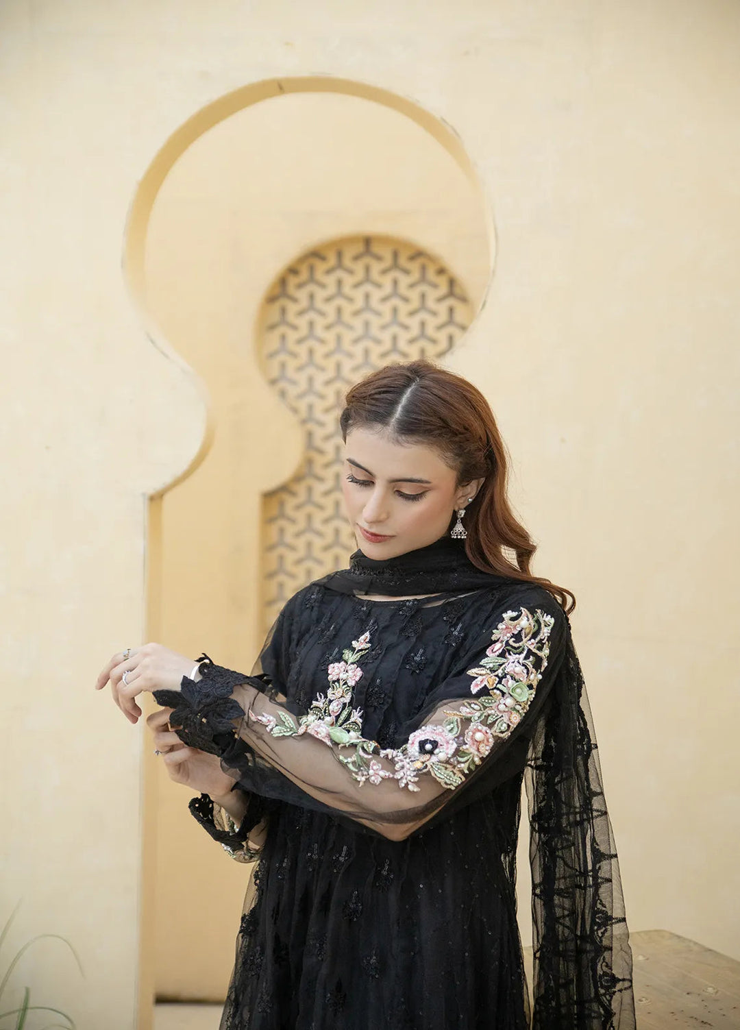 Manahils Pret Embroidered Net 2 Piece KURTI 084 Black