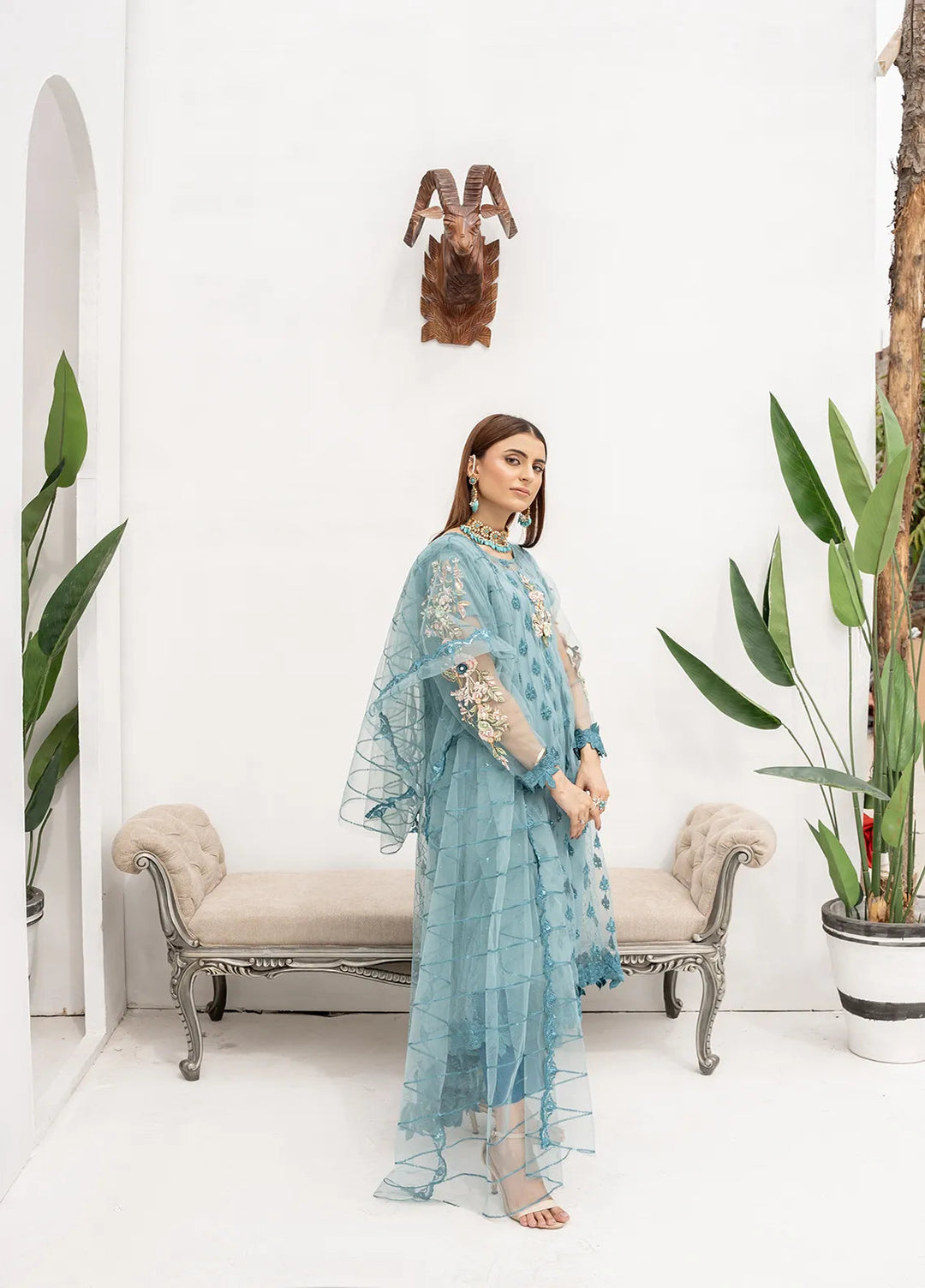 Manahils Pret Embroidered Net 2 Piece KURTI 084 Ice Blue