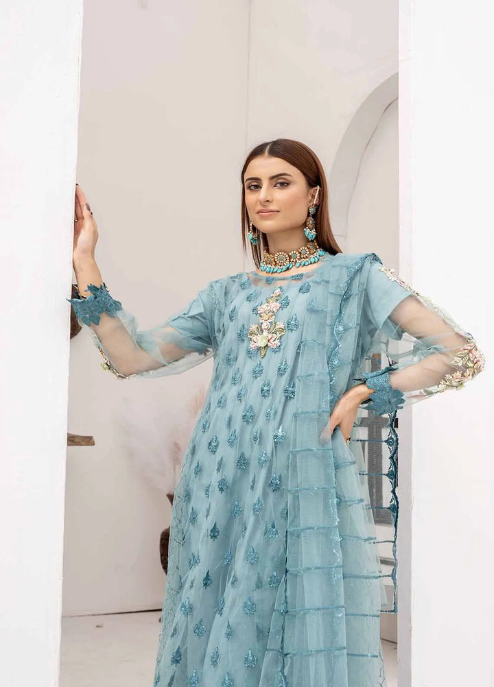 Manahils Pret Embroidered Net 2 Piece KURTI 084 Ice Blue