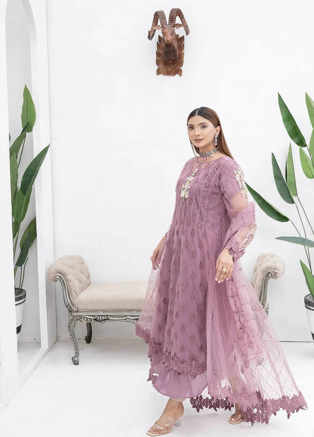 Manahils Pret Embroidered Net 2 Piece KURTI 084 Lilac