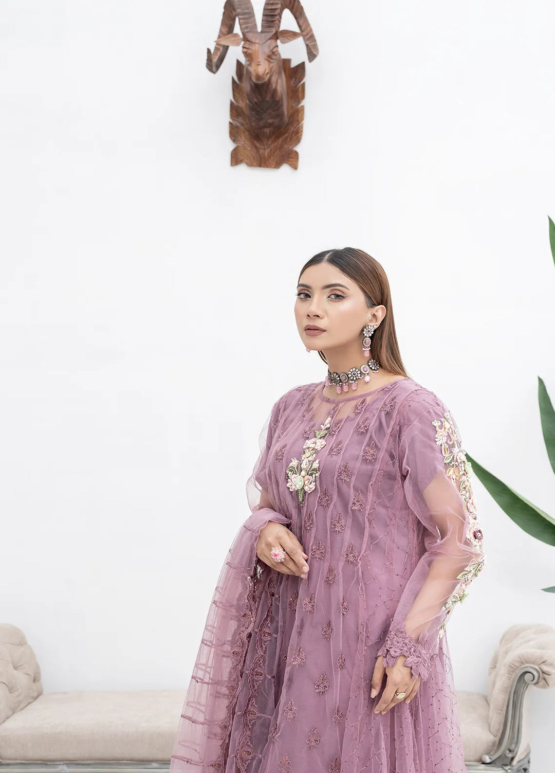 Manahils Pret Embroidered Net 2 Piece KURTI 084 Lilac