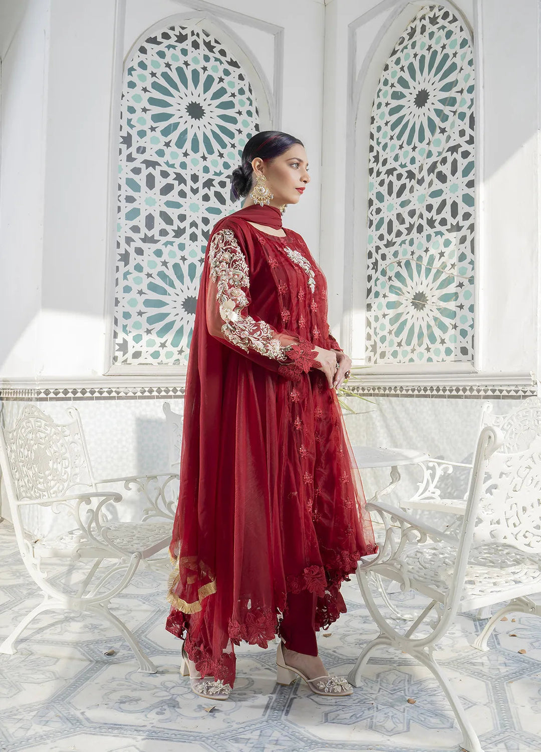 Manahils Pret Embroidered Net 2 Piece KURTI 084 Maroon