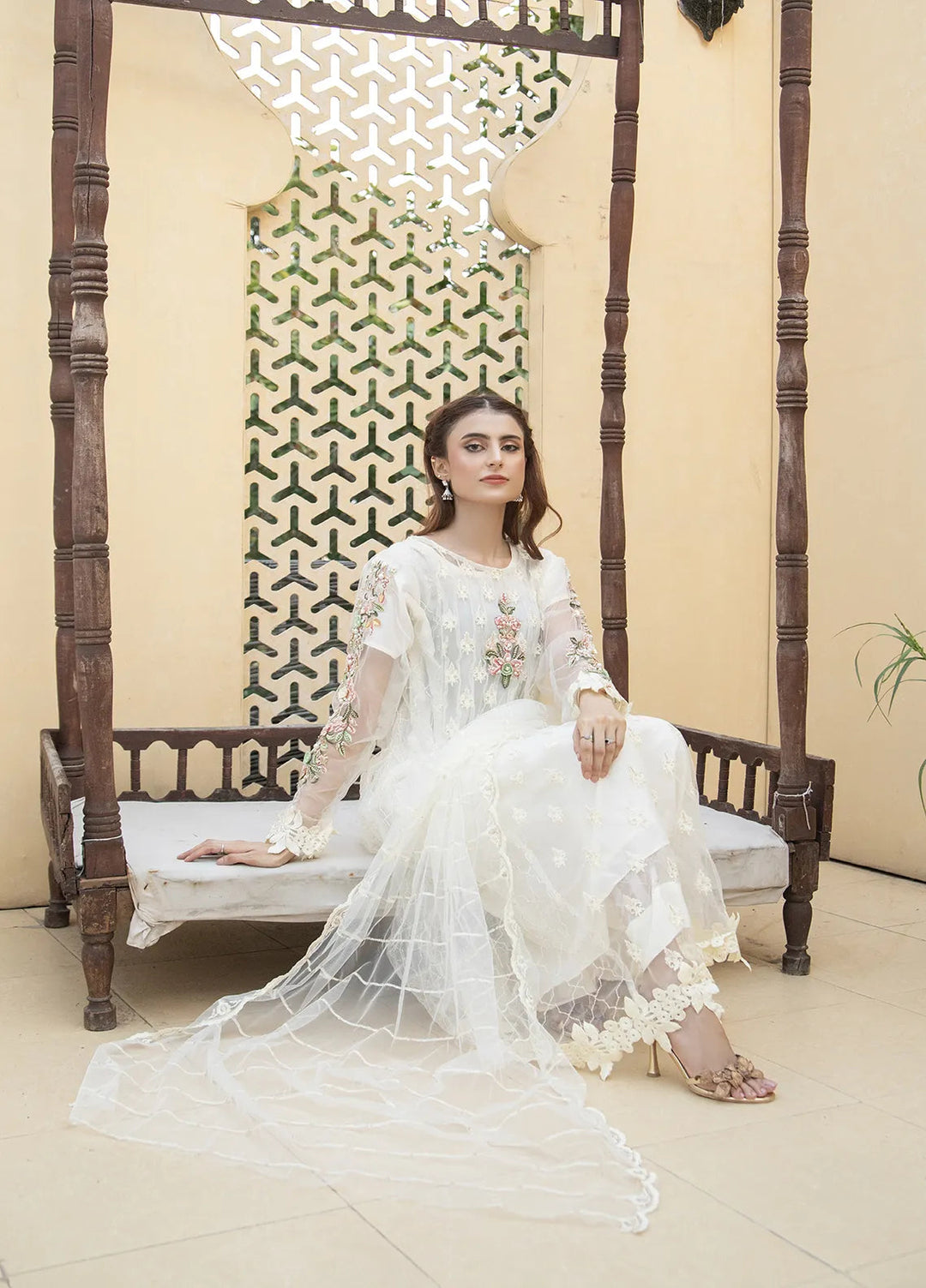 Manahils Pret Embroidered Net 2 Piece KURTI 084 Off White