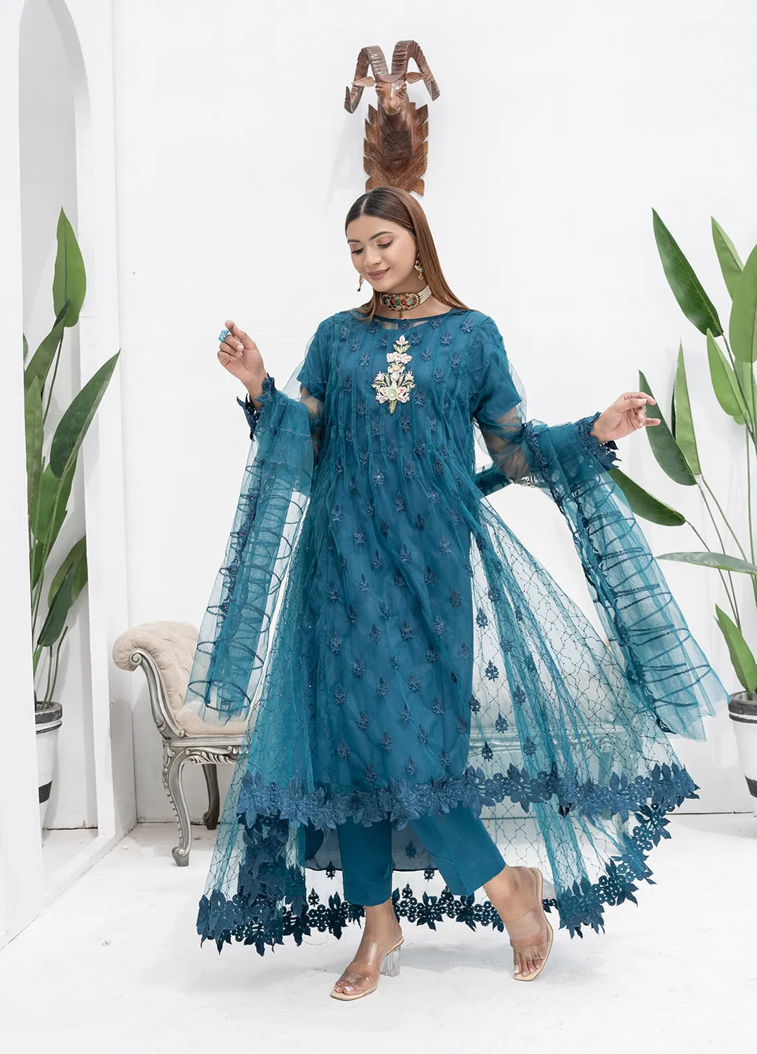 Manahils Pret Embroidered Net 2 Piece KURTI 084 Zinc