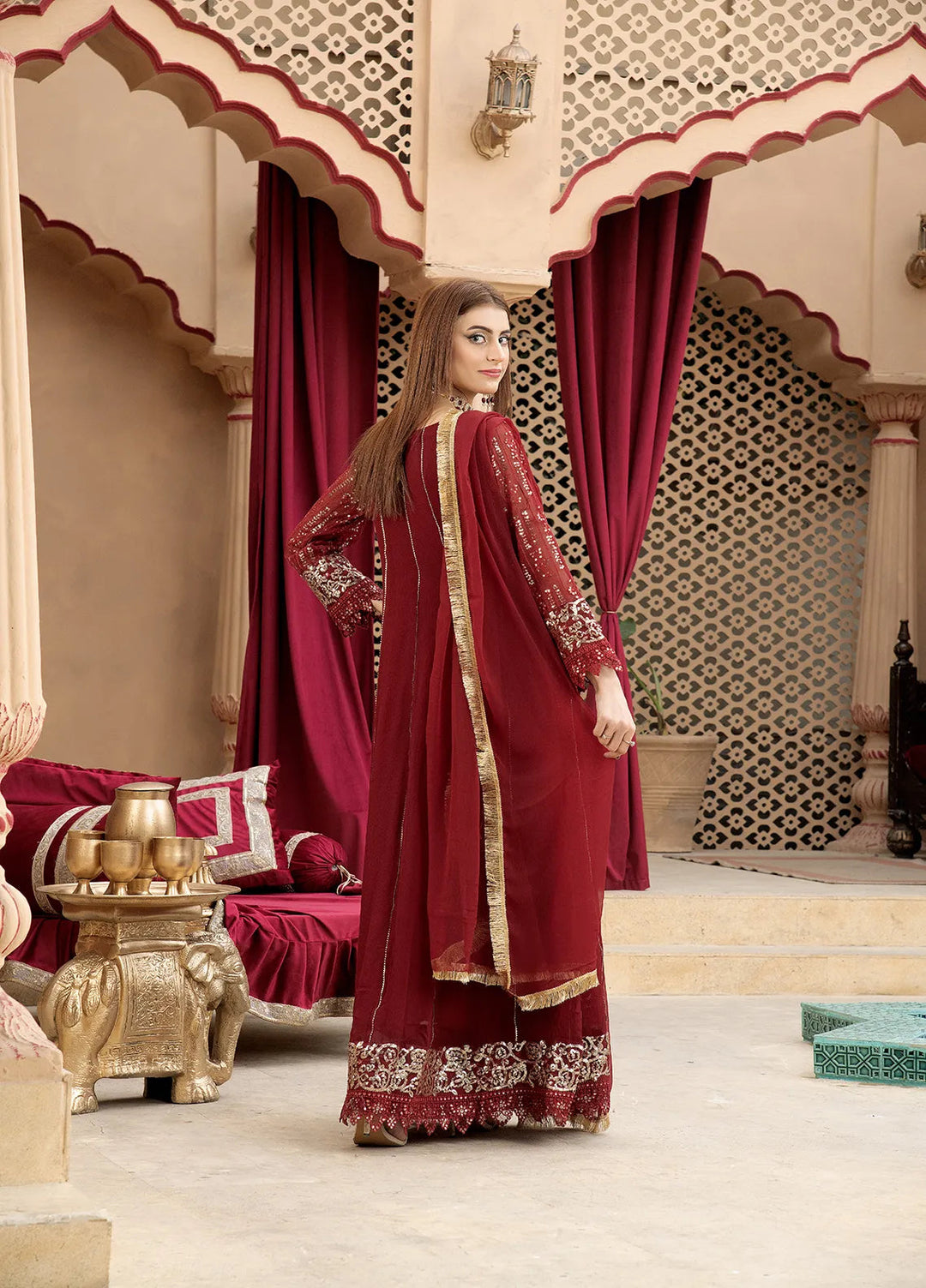 Manahils Pret Embroidered Chiffon 3 Piece Suit B-005-Mehroon