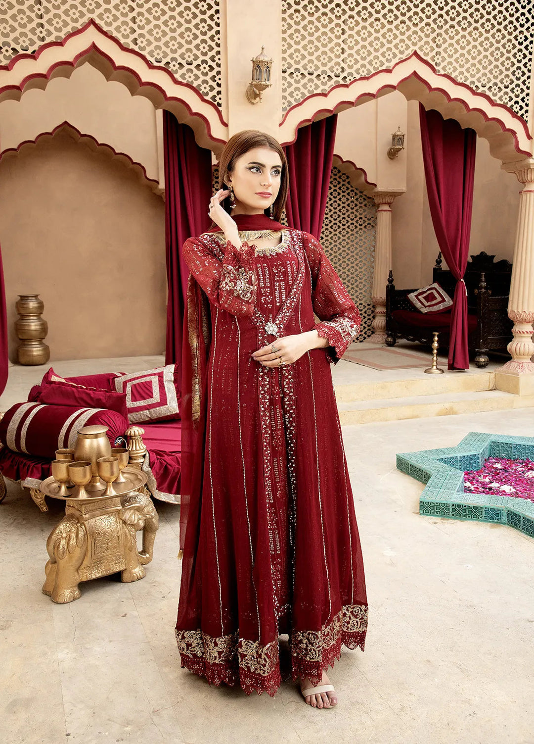 Manahils Pret Embroidered Chiffon 3 Piece Suit B-005-Mehroon