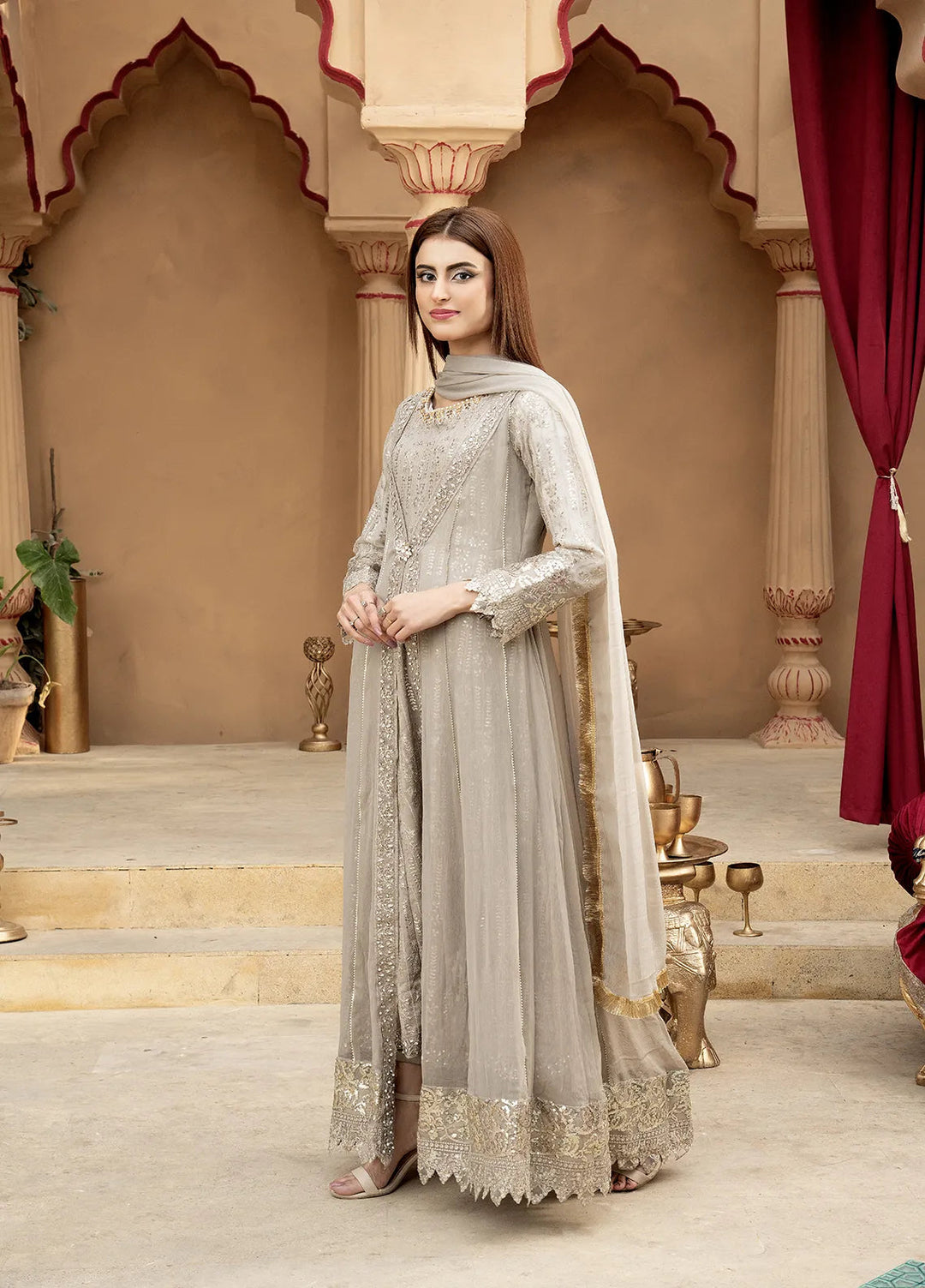 Manahils Pret Embroidered Chiffon 3 Piece Suit B-005-Sand