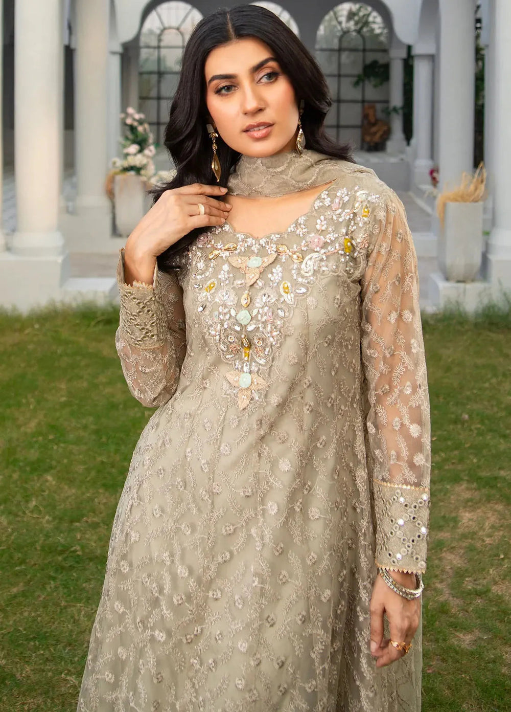 Manahils Pret Embroidered Net 3 Piece Suit K-137-Champagne