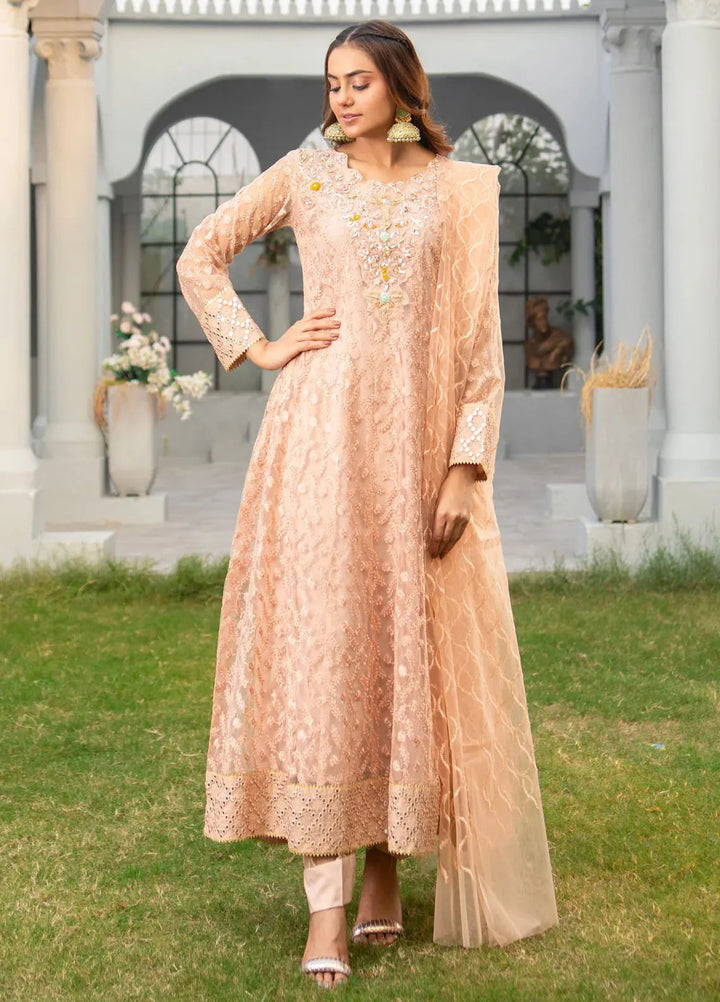 Manahils Pret Embroidered Net 3 Piece Suit K-137-Peach