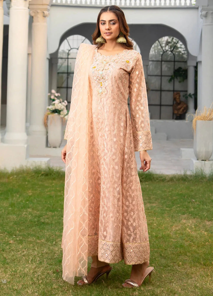 Manahils Pret Embroidered Net 3 Piece Suit K-137-Peach