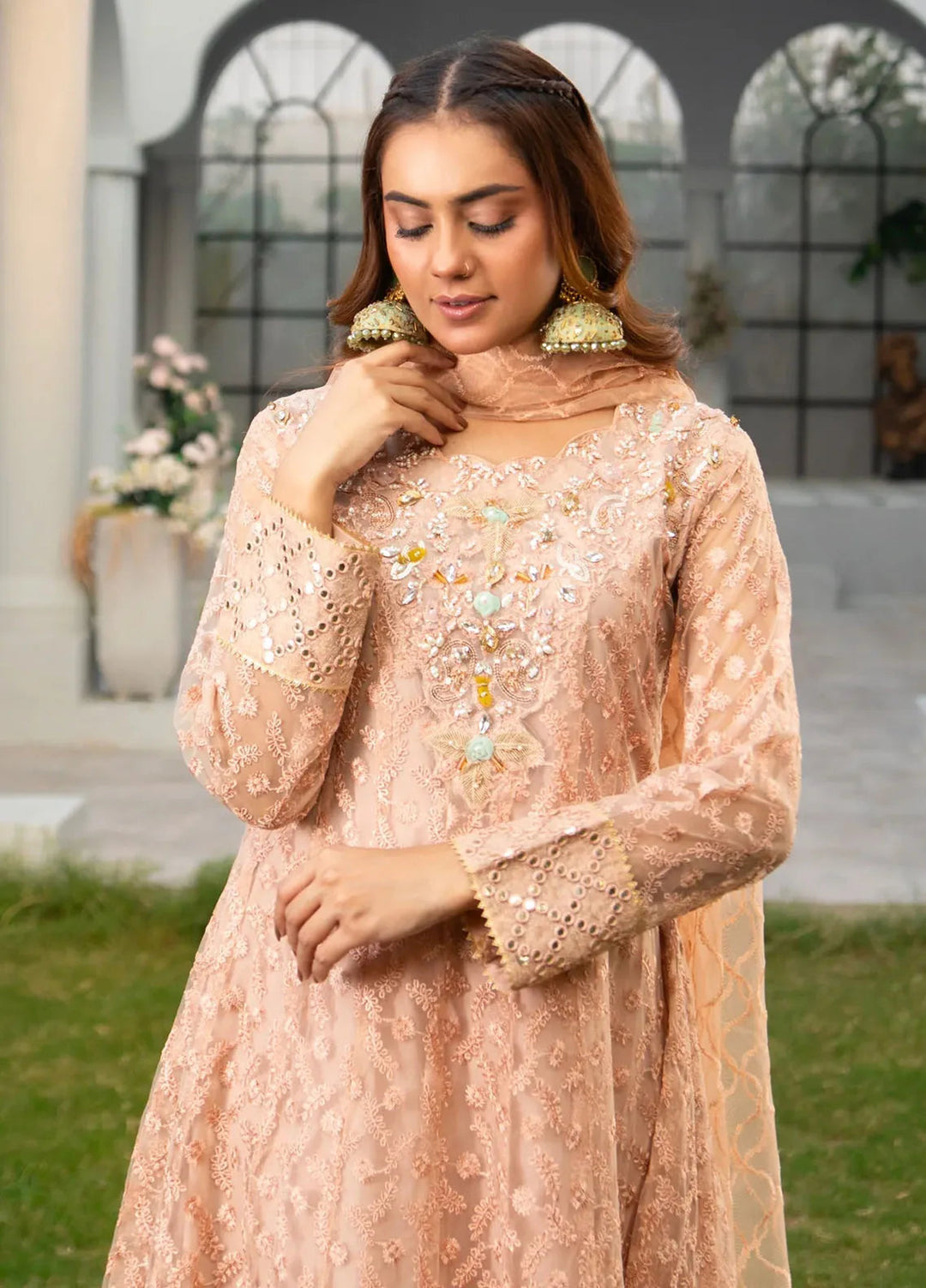 Manahils Pret Embroidered Net 3 Piece Suit K-137-Peach