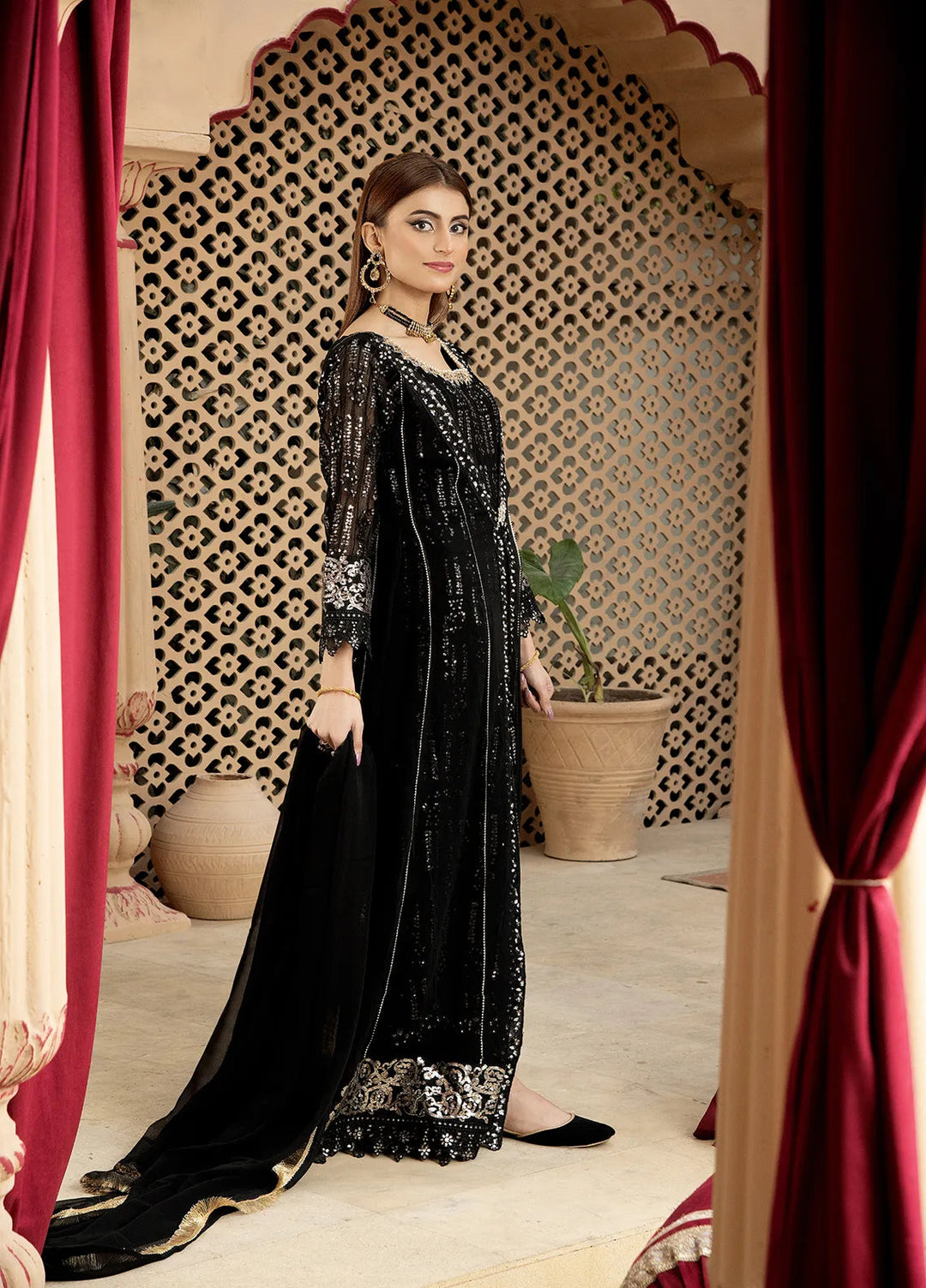 Manahils Pret Embroidered Chiffon 3 Piece Suit B-005-Black