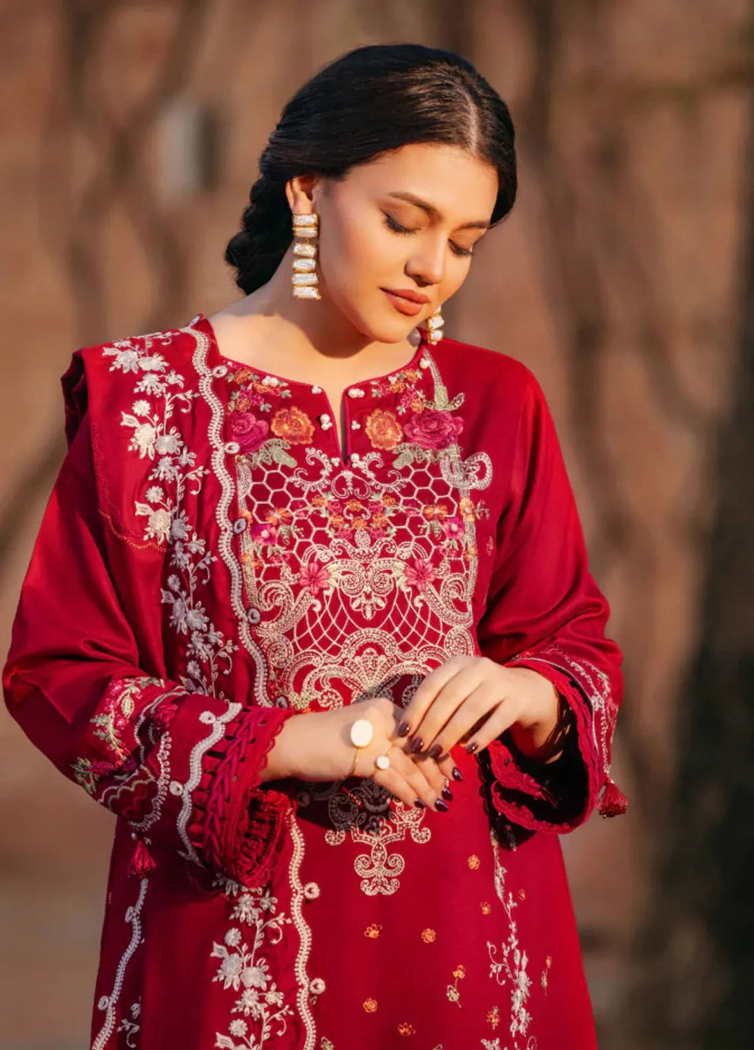 Manara Embroidered Twill linen Suit Unstitched 3 Piece MNA24LW LW-07 Surkhab - Winter Collection